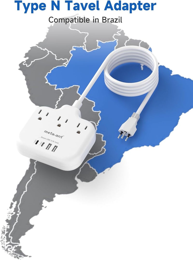 meta-ant Brazil Power Adapter with 5FT Extension Cord, US to Brazil Travel Plug with 3 American Outlets and 4 USB Charger Port(2 USB C), Type N Adaptor for USA to Brazilian Brazil, White - Image 2